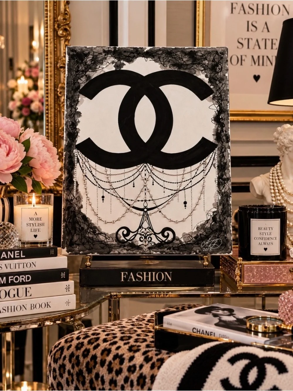 Signed 2015 Black White Fashion Canvas Art Glam Wall Decor